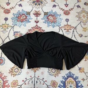 SHEIN Black Cropped V-Neck Flared Flutter Bat Sleeved Crop Top Smocked Large